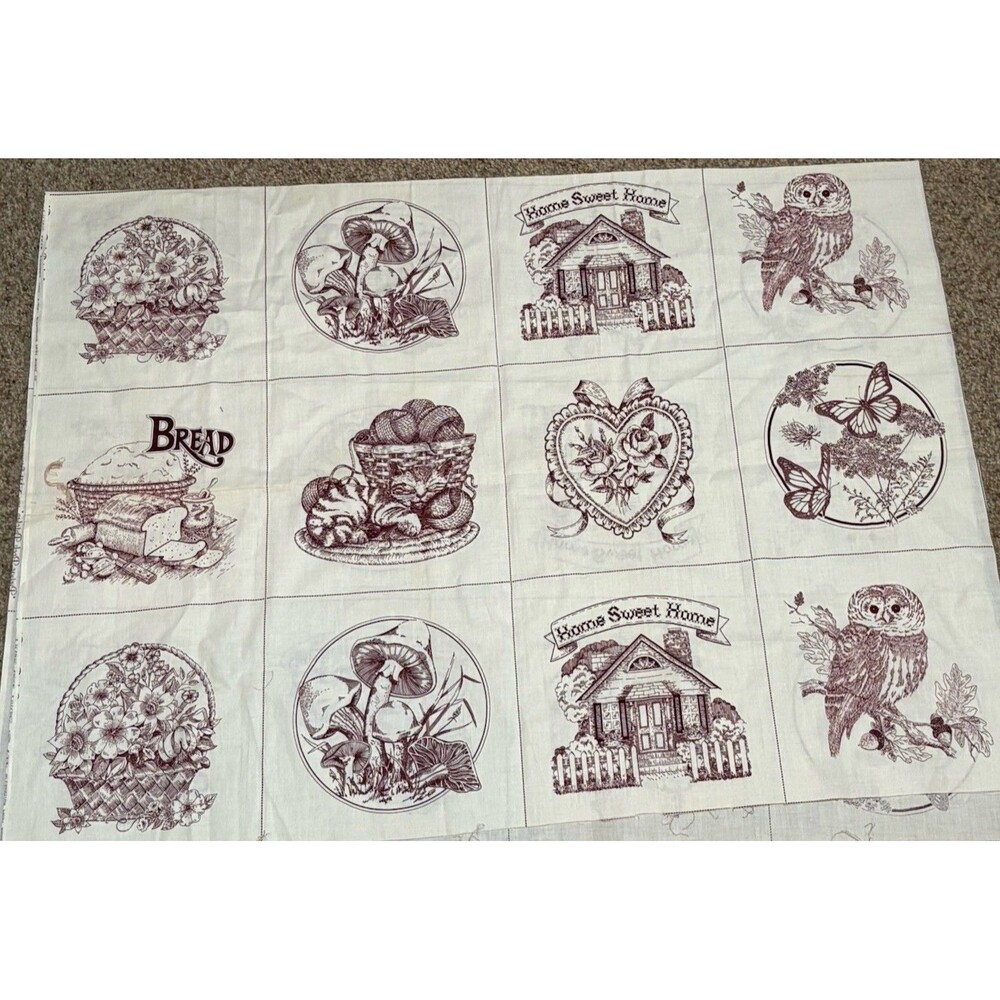 VIP Cranston Picture Book Patches Fabric 2 Panels Burgundy Owls Mushrooms Bonus